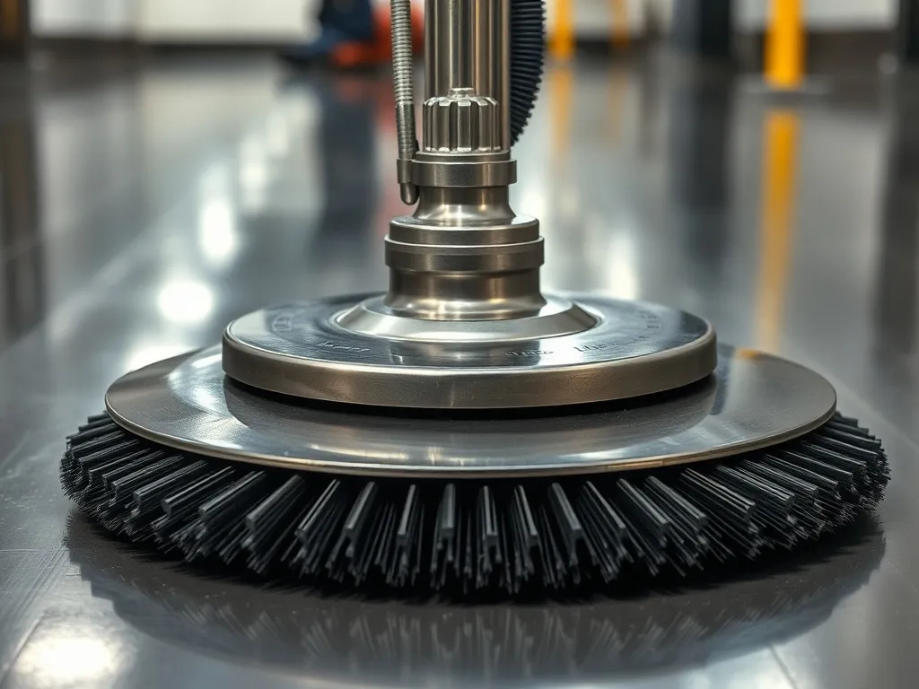 Close-up of a high-tech industrial floor scrubber brush and