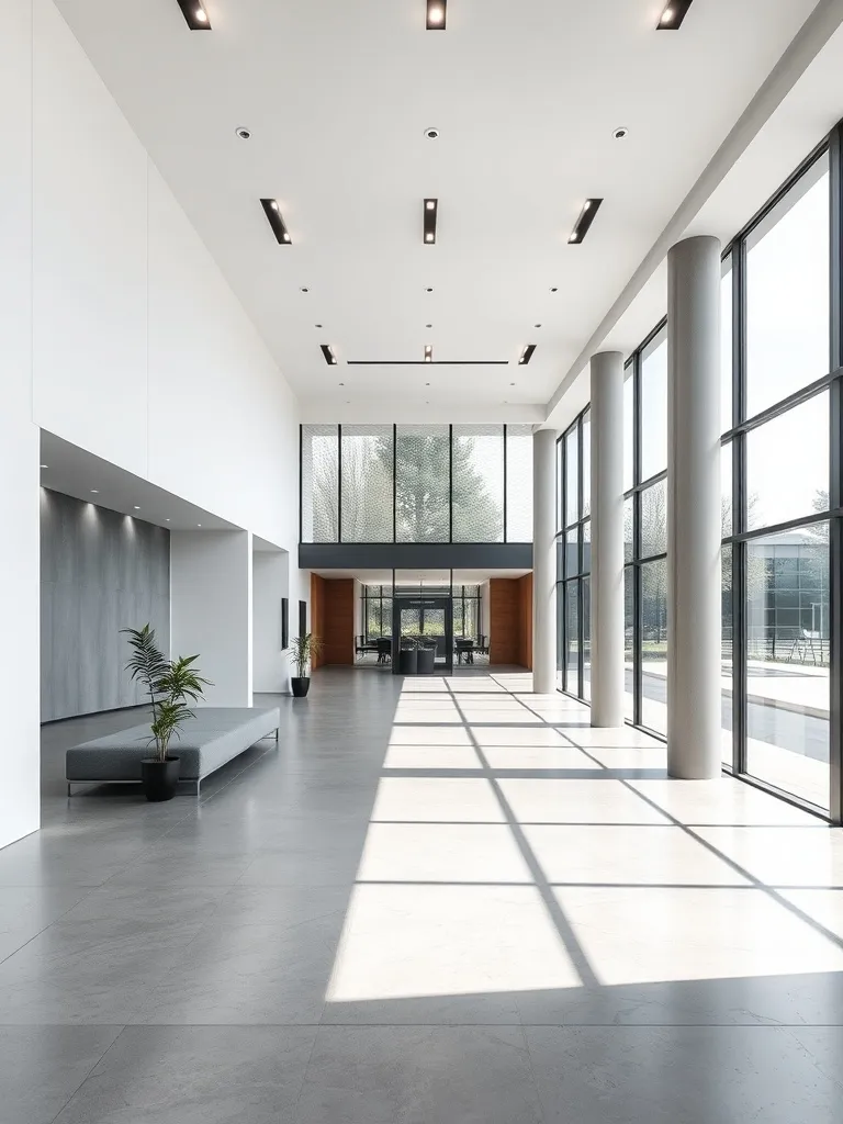 A minimalist modern office lobby in Bouillon with concrete f