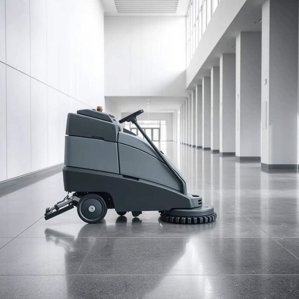 Industrial floor scrubber machine operating on a clean grey