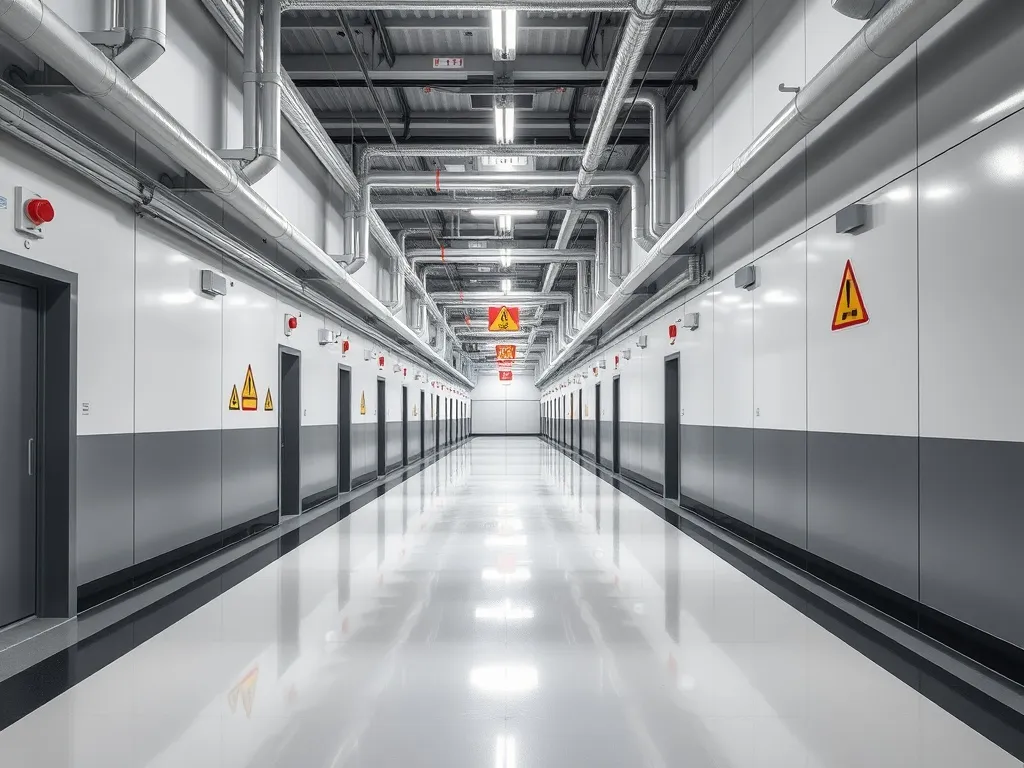 Industrial hallway with high gloss floor and safety signs, c